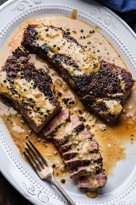 Crusted Steak, Peppercorn Steak, Sip And Feast, Sauce Au Poivre, Roasted Garlic Mashed Potatoes, French Recipe, Ny Strip Steak, Peppercorn Sauce, Beef Roast