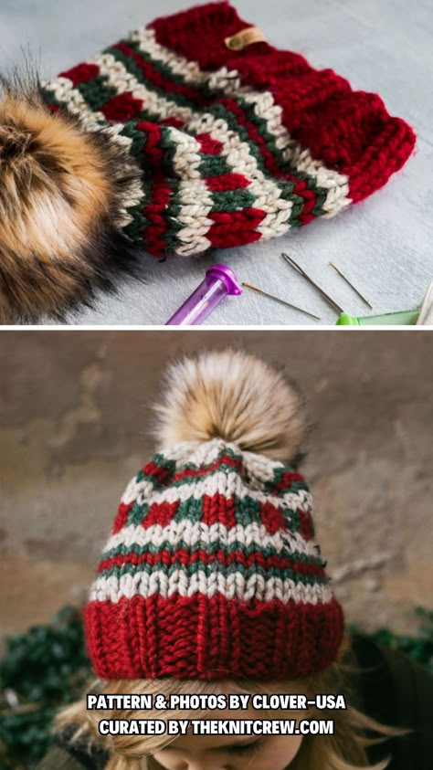 From jolly Santas to stripes and pom-poms, this roundup features a dozen free knitted Christmas hat patterns suitable for every member of your family. Curated by The Knit Crew. Christmas Knit Hat Patterns, Knit Christmas Hat Patterns Free, Christmas Knitting Patterns Free Hats, Knitted Santa Hat, Christmas Hat Knitting Patterns Free, Crochet Christmas Hat Pattern, Circular Knitting Patterns Free, Knitting Cables Patterns Free, Easy Christmas Knitting Patterns Free