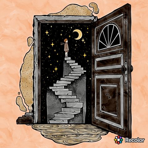 “The open door to the world, or to where you want to go”. Fantasy Doors Art, Door To Another World Art, Door To Another World Drawing, Door To Another World, Doorway To Another World, Hand Knocking On Door Drawing, Door Journal Ideas, Open Doorway Drawing, Open Door Tattoo Ideas