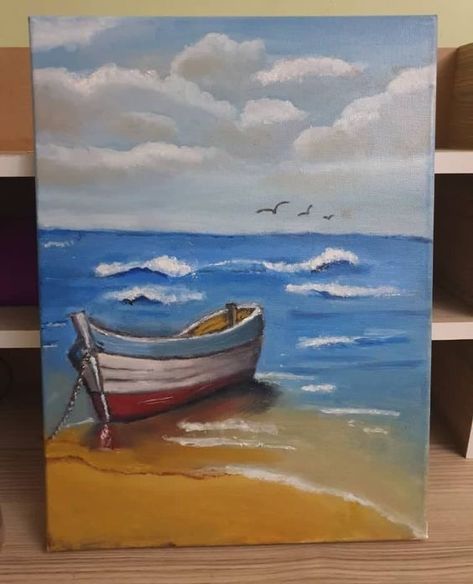 Stylized Painting, Boat Painting Acrylic, Tropical Beach Painting, Seashore Paintings, Beach Scene Painting, Peisaj Abstract, Beach Art Painting, Boat Drawing, Watercolor Paintings Nature