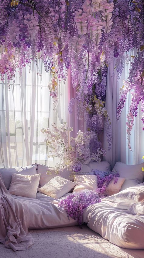 Escape into a serene purple wonderland with this dreamy wisteria-draped nook, perfect for afternoon daydreams and a touch of whimsy. 🌸💜 Purple Wisteria Bedroom, Pink Wisteria Decor, Wisteria Tree Room Decor, Hanging Flowers Bedroom, Hanging Wisteria Bedroom, Flower Ceiling Bedroom, Wisteria Bedroom Decor, Wisteria Room Decor, Wisteria Bedroom