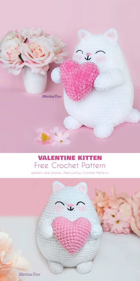 Easy Crochet Projects Valentines Day, Crochet Valentine Cat Pattern Free, Crochet Amigurumi Valentines Day, Crochet Heart Cat Pattern Free, Crochet Gifts For Valentines Day, Crochet Valentine Decor Patterns, Valentine’s Crochet Patterns, Free Cat Pattern Crochet, Crochet Pattern Valentines Day