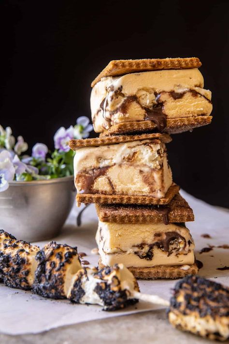 Toasted S'mores Ice Cream Sandwiches. - Half Baked Harvest Smores Ice Cream Sandwich, Oreo Ice Cream Sandwich, Smores Ice Cream, Homemade Ice Cream Sandwiches, Chocolate Fudge Sauce, Half Baked Harvest Recipes, Homemade Graham Crackers, Cookie Dough Ice Cream, Ice Cream Cookie Sandwich