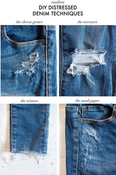 Turn basic jeans into eye-catching distressed jeans. Denim Techniques, Diy Distressed Jeans, Diy Ripped Jeans, Distress Jeans, Diy Fashion Trends, Haine Diy, Diy Jeans, Grunge Dress, Kleidung Diy