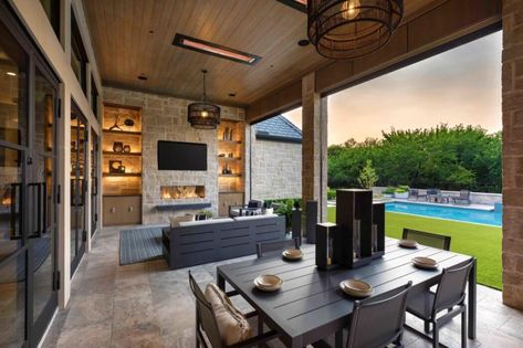 Backyard Patio Designs With Tv, Covered Patio Tv Wall, Patio Entertainment Ideas, Patio Tv Wall, Outdoor Tv Area, Porch Goals, Patio Tv, Hardscape Patio, Villa Ideas