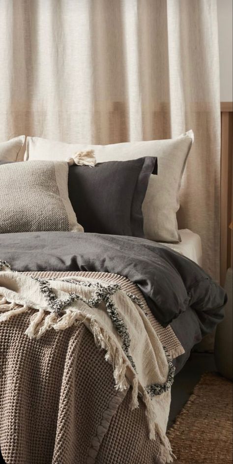 Black And Tan Bed Set, Grey On Grey Bedding, Dark Bed Sheets Ideas, Black Gray Taupe Bedroom, Charcoal And Beige Bedding, Dark Bedding Sets, Dark Grey Duvet Cover Bedroom Ideas, Gray Bed Spread, Dark Cozy Bedding