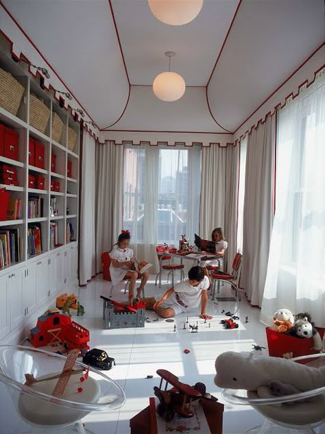 Playroom Zones, Playroom Cabinets, Tented Room, Playroom Shelving, Chic Playroom, Tented Ceiling, Red Playroom, White Playroom, New Classic Interior