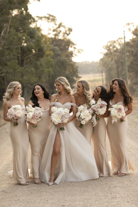 Beige Wedding Theme, Beige Wedding Dress, Women Standing, Neutral Wedding Colors, Off Shoulder Wedding Dress, Champagne Bridesmaid Dresses, Champagne Bridesmaid, A Line Bridal Gowns, Beige Wedding