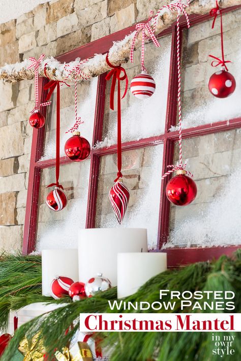 Christmas mantel decorating idea that repurposes an old window sash to create a frosted window pane holiday mantel. #Christmasdecorations #ChristmasDIY, #ChristmasRepurposedDecor #TraditionalChristmasDecorations Garland Decor Ideas, Christmas Stairway, Christmas Garland Decor, Stairway Garland, Tree Garland Christmas, Diy Christmas Mantel, Christmas Mantel Ideas, Tree Lights Christmas, Bright Christmas Decorations