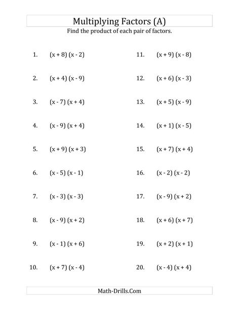 The Multiplying Factors of Quadratic Expressions with x Coefficients of 1 (A) Math Worksheet from the Algebra Worksheets Page at Math-Drills.com. Algebra Equations Worksheets, Solving Algebraic Equations, Multiplying Polynomials, Factoring Quadratics, 9th Grade Math, Algebra 2 Worksheets, Pre Algebra Worksheets, Literal Equations, Simplifying Algebraic Expressions