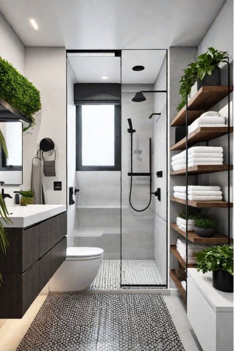 Organizing a small bathroom Shower And Storage Ideas, Small Modern Bathroom With Shower Only, Master’s Bathroom Ideas, Bathroom Small Shower Ideas, Best Bathroom Storage Ideas, Modern Bathroom Organization Ideas, Guest Bath Storage, Bathroom Storage No Closet, Tiny Spa Bathroom