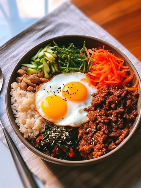 Simplified Beef Bibimbap Bowls Bibimbap Bowl, Korean Recipes, Healthy Food Inspiration, Cooked Carrots, Korean Dishes, Food Obsession, Korean Food, Pretty Food, Food Cravings