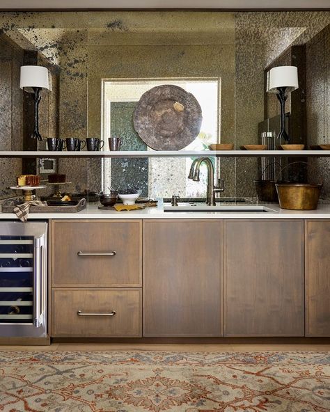 This antique mirror backsplash adds such charm and character to this scullery kitchen. Antique Glass Backsplash, Antique Mirror Backsplash Bar, Mirrored Backsplash Kitchen, Mirror Tile Backsplash Kitchen, Mirror Backsplash Bar, Mirrored Kitchen Backsplash, Antiqued Mirror Backsplash, Mirror Kitchen Backsplash, Mirror Backsplash Kitchen