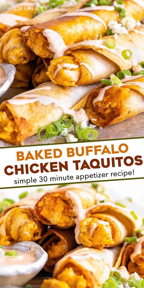 These Buffalo Chicken Taquitos are the perfect crowd-pleasing appetizer! Cheesy buffalo chicken filling is rolled up in flour tortillas and baked until crispy. Serve with an easy buffalo ranch and sprinkled with green onions and blue cheese crumbles! #buffalochicken #taquitos #appetizer #partyfood Taquitos Buffalo Chicken, Baked Buffalo Chicken Taquitos, Blue Cheese Buffalo Chicken Roll Ups, Buffalo Ranch Chicken Taquitos, Buffalo Chicken Roll Ups Tortilla, Buffalo Chicken Dip Taquitos, Chicken Tailgate Recipes, Buffalo Chicken Taquitos Recipe, Chicken Roll Recipes