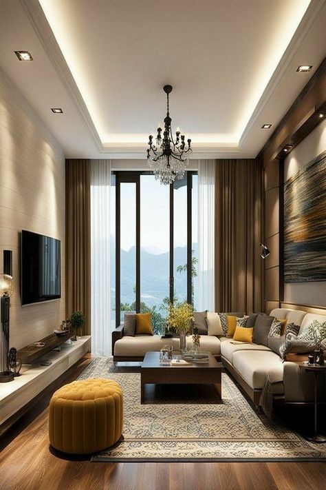 Cozy decoration ideas L Shape Sofa Drawing Room, Living Room Furniture Trends, Glass Center Table, Living Room Indian, Sofa Drawing, Center Table Decor, Ceiling Details, Simple Ceiling, Rectangular Living Rooms