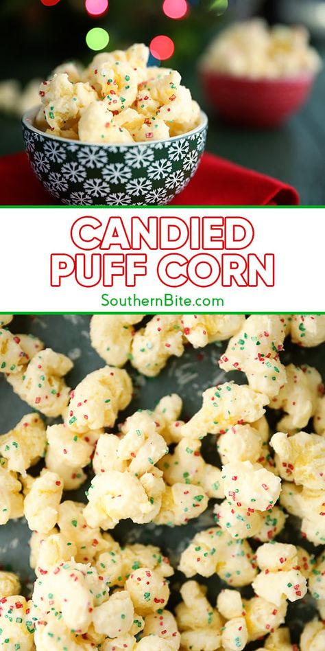 Peanut Butter Puff Corn, Xmas Easy Desserts, Sweet Corn Puffs, Candy Coated Puff Corn, Christmas Popcorn Treats, Christmas Cereal Treats Holiday Snacks, Candy Popcorn Recipe Simple, Sweet Appetizers For Christmas Party, Popcorn Puff Recipes