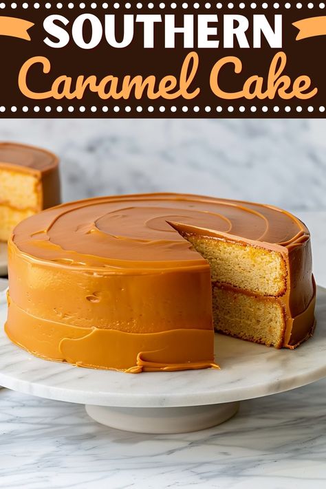 This Southern caramel cake is a true showstopper. Every forkful is a blissful balance of sweet, buttery flavors and melt-in-your-mouth texture. Yellow Cake With Caramel Frosting, Southern Style Caramel Cake, Southern Burned Caramel Cake, Carmel Cake Recipe From Scratch, Easy Caramel Cake Simple, Old Fashion Caramel Cake, Burnt Caramel Cake, Moist Caramel Cake Recipe, Caramel Cake Using Box Cake