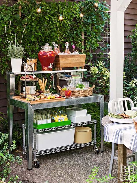 Get organized outside with these potting bench ideas. Potting Bench Ideas, Party Stations, Bandeja Bar, Living Pool, Porch Storage, Deck Storage, Boho Patio, Dining Inspiration, Potting Bench