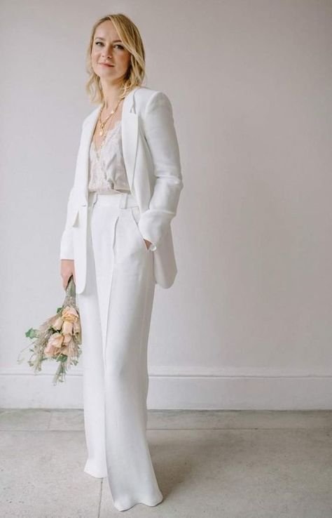 All White Suit Women Wedding, Wedding Dresses Trousers, White Suit Dress Wedding, Wedding Pants For Bride, White Wedding Tux For Women, Linen Wedding Suit Women, Wedding Suits Bride Female, White Female Wedding Suit, Lesbian Pant Suit Wedding