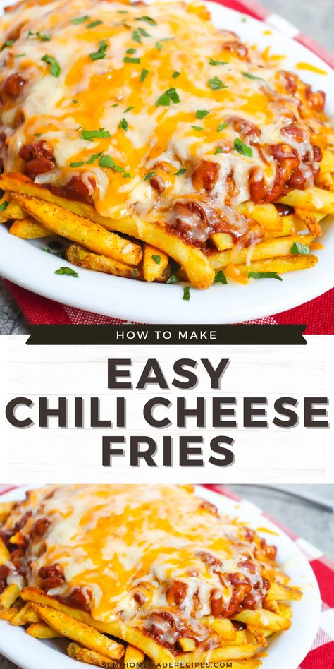 Easy Chili Cheese Fries – This dish is made with baked frozen French fries seasoned with seasoning salt and topped with chili sauce and chili beans Then it is topped with shredded cheese before being placed under the broiler to melt the cheese! Garnish with parsley and enjoy! Great with homemade ranch dressing! Recipes With Less Ingredients, Frozen French Fry Recipes, Chill Cheese Fries Recipes, French Fry Dinner Ideas, Recipes To Make For Boyfriend, Loaded Chili Cheese Fries, Chill Cheese Fries, French Fries Ideas, Frozen French Fries Recipes