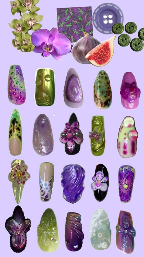 latest obsessions (purple and green) Emerald And Purple Nails, Dark Purple Aesthetic Nails, Green And Purple Nails Ideas, Maximalism Nails, Purple And Green Nails Design, Green Purple Nails, Green Purple Aesthetic, Purple Green Nails, Nails Design Purple