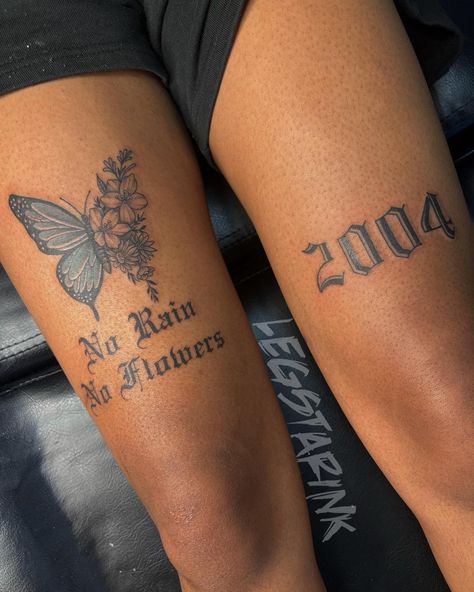 High Knee Tattoo, Above The Knee Tattoos Black Women, Leg Words Tattoos Women, 2004 Knee Tattoo, Tattoos That Wrap Around Thigh, Tattoo Behind Leg Woman, Year Tattoo Number Knee, Shin Tattoo Black Women, Tattoo Ideas Female Above Knee