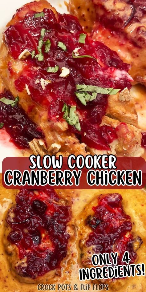 Make this easy chicken dinner in your slow cooker! This Cranberry Chicken only requires 3 ingredients and is filled with flavor. It's also gluten-free! Make this recipe this Christmas season! Cranberry Chicken Sausage Recipes, Orange Cranberry Chicken, Cranberry Pork Tenderloin Slow Cooker, Slow Cooker Chicken Quarters, Slow Cooker Cranberry Chicken, Slow Cooker Healthy Chicken Recipes, Instapot Slow Cooker Recipe, 3 Ingredient Recipes Crockpot Easy Meals, Chicken And Cranberry Recipes