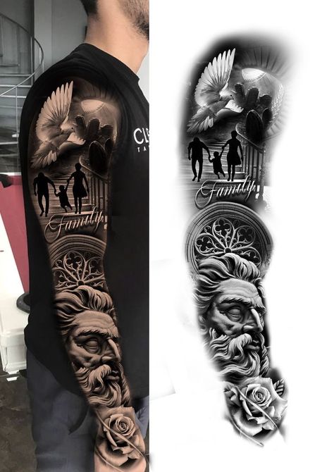 Family Sleeve Tattoo, Voll Arm-tattoos, Family Tattoos For Men, Full Hand Tattoo, Full Sleeves Design, Family Tattoo Designs, Full Sleeve Tattoo Design, Full Arm Tattoos, Forearm Tattoo Design