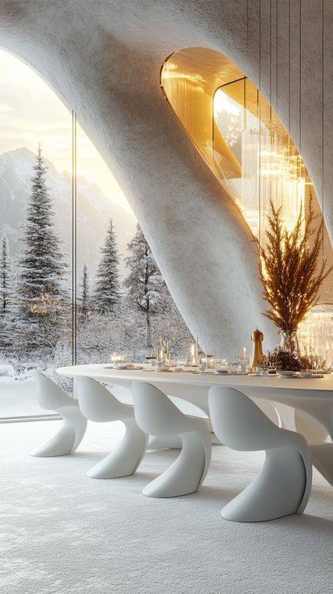 ✨ Elevate your dining experience with this stunning Zaha Hadid-inspired setting! 🌟 Imagine a huge, organic-shaped white dining table surrounded by eight elegant chairs, all drenched in warm, inviting light. 🍃 Add a touch of nature with beautiful dried plant decor, and let the tall glass windows showcase a picturesque snowy pine garden outside. ❄️ A soft white carpet ties the space together, cre... Futuristic Dining Table, Contemporary Mansion, White Mansion, Pine Garden, Futuristic House, White Dining Table, Elegant Chair, Organic Architecture, Zaha Hadid