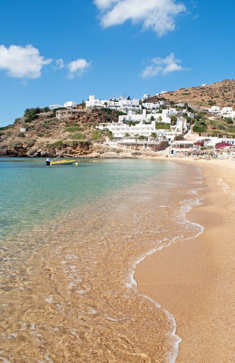 Golden sands and clear blue seas at Mylopotas beach on the Greek island of Ios – deserted off season Mykonos Greece Aesthetic Beach, Ios Greece Aesthetic, Greece Tourist Attractions, Ios Greece, Greek Holiday, Greek Beach, Greek Sea, Athens Travel, Greek Beaches