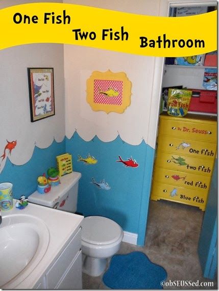 One Fish Two Fish, Dr. Seuss style bathroom and dresser Daycare Bathroom Ideas, Daycare Bathroom, Organization Drawers, Home Daycare Ideas, Fish Bathroom, Bathroom Dresser, Daycare Decor, Bathroom Plan, Bathroom Wall Panels