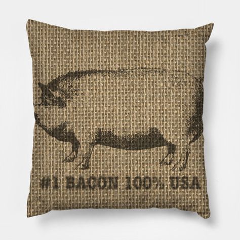 USA Bacon Vintage Natural Beige Burlap Sack Pig Pillow, Burlap Sacks, Pillow Design, Large Black, Custom Pillows, Sofa Couch, Bold Colors, Love Seat, Burlap Bag