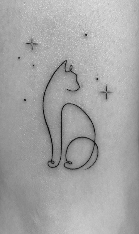 Simease Cat Tattoo, Cat Name Tattoo Ideas, Small Cat Tattoo Ideas Simple, Kitty Cat Tattoos, Cat Silloute Tattoo, Cat Tatoos Small Simple, Cat Star Tattoo, Single Line Cat Tattoo, Cat Tattoo Designs Simple