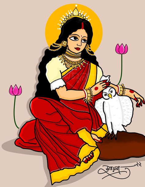 Laxmi Goddess Painting Madhubani, Laxmi Painting Art, Ma Laxmi Drawing, Navdurga Drawing, Maa Laxmi Drawing, Bengali Illustration Art, Bengali Art Culture, Laxmi Painting, Laxmi Rangoli