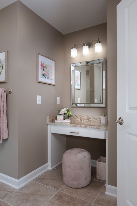 Washroom With Makeup Vanity, Floating Makeup Vanity Bathroom, Small Double Sink Vanity With Makeup Area, Makeup Space Between 2 Bathroom Vanities, Diy Bathroom Makeup Vanity, Master Bath Vanity With Makeup Area Farmhouse, Makeup Vanity Ideas Bathroom, Master Bath Corner Makeup Vanity, Bathroom Sink With Makeup Vanity Farmhouse