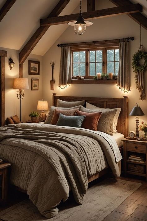 10 Fall Bedroom Ideas For A Cozy & Beautiful Space Craftsman Style Homes Interior Bedrooms, Cute Tiny House Interior, Cabin Bedding Ideas, Cottage In The Woods Interior, Wooden Bed Bedroom Ideas, Lodge Bedroom Ideas, Master Bedrooms Cozy, Homestyle Fries, Cabin Interiors Bedroom