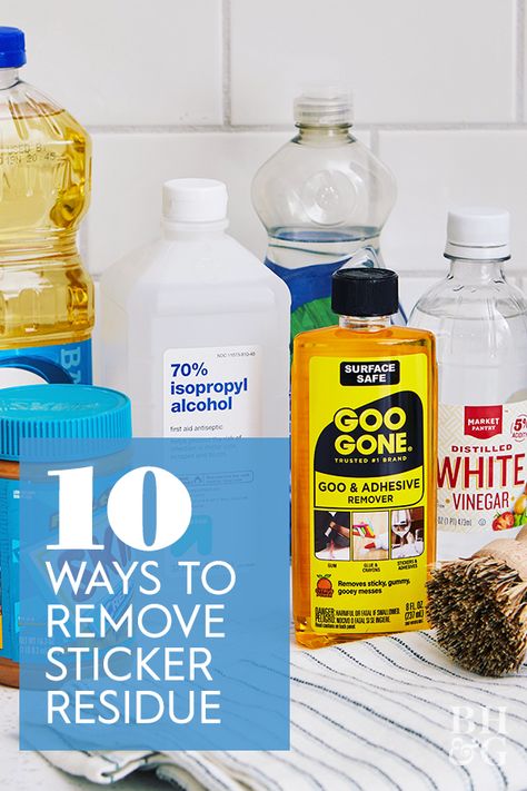 Follow these tips to learn how to get sticker residue off glass, plastic, wood, and even clothing using products you have around the house to safely soften and remove the stuff. #removestickerresidue #stickerresidue #stickerresidueglass #stickerremoval #cleaningtips  #bhg Remove Tape Residue, Get Stickers Off, Remove Sticky Labels, Remove Sticker Residue, Remove Sticky Residue, Childrens Stickers, How To Remove Glue, How To Remove Adhesive, Sticky Labels