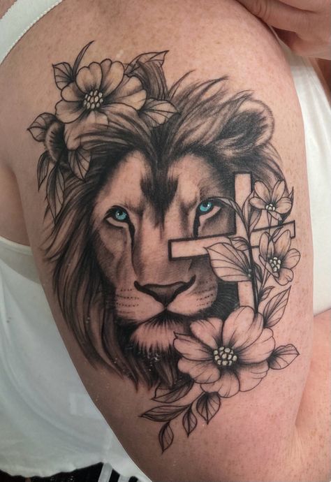 Lion Tattoo With Cross For Women, Lion And Cross Tattoo For Women, Lion With Crown Of Thorns Tattoo, Side Calf Tattoos For Women Calves, Christian Couples Tattoos, Christian Leg Tattoos Women, Trust God Tattoos For Women, Christian Lion Tattoo For Women, Lion Hip Tattoos Women