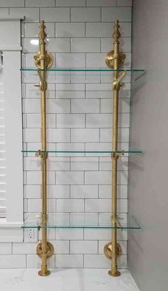 French Bistro Brass Shelving, French Bistro Shelves Kitchen, Glass And Brass Shelves, Brass Glass Shelves, Brass Bistro Shelves, Diy Bistro Shelving, Antique Kitchen Shelves, Kitchens With Shelves And Cabinets, Family Recipe Display