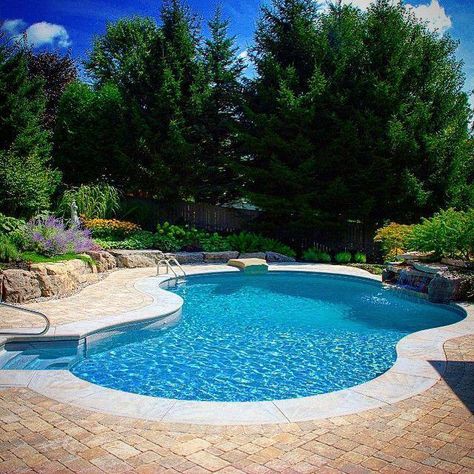 Beautiful Backyards With Pools, Curvy Pool, Nice Backyard, Large Waterfall, Pool Cage, Small Inground Pool, Inground Pool Designs, Large Backyard Landscaping, Rock Waterfall