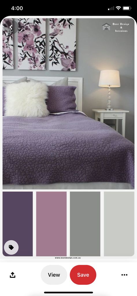 Bedroom Colour Schemes Purple, Purple And Gray Palette, Purple Velvet Bedroom Ideas, Purple Gray Color Scheme, Gray Combination Color Bedroom, Purple And Gray Color Scheme, Grey And Purple Color Scheme, Lilac Bedroom Color Schemes, Purple Bedroom Palette