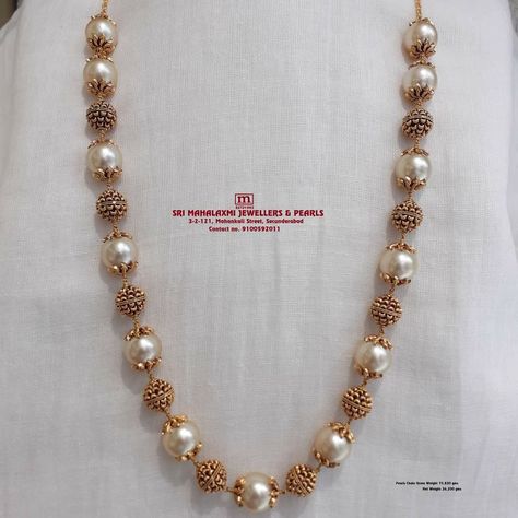 Mala Set In Gold, Balls Chains In Gold, Pearl Set Designs, Gold Mala Designs, Nakshi Necklace Designs, Pearl Chain Designs In Gold, Pearl Mala Designs, Gold Beads Mala, Gold Pearl Jewelry Necklace