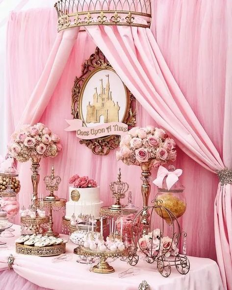 17 Adorable Baby Shower Backdrop Ideas That Will Make Your Photos Pop! Pink Princess 1st Birthday Party, Pink And Gold Xv Decorations, Pink Princess Party Decorations, Pink Princess Party Ideas, Once Upon A Time First Birthday Theme, Fairytale Quinceanera Theme, Princess Themed Wedding, Fairytale Theme Party, Princess Baby Shower Theme