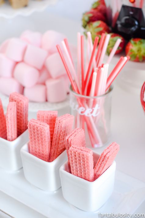 Strawberry wafers for chocolate fountain: Chocolate Fountain Bar Ideas: A Modern, Rustic, Pink Party Display Pink Parties Ideas, Pink Party Ideas For Adults Food, Pink Strawberry Party, Pink Candy Bar Ideas, Strawberry Party Desserts, Pink Desserts Birthday, Pink Dessert Bar, Light Pink Party Theme, Pink Desert Ideas