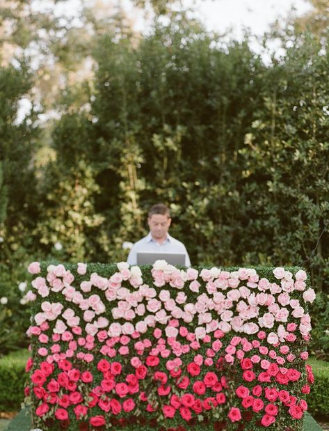 dj booth | boxwood hedge | ombre pink roses Dj Booth Ideas Wedding, Pink Dj Booth, Dj Booth Decoration, Dj Booth Wedding Decor, Dj Booth Decor, Dj Booth Ideas, Wedding Dj Booth, Booth Wedding, Booth Decor