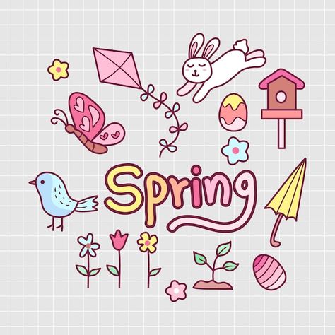 Vector set of hand drawn spring doodle s... | Premium Vector #Freepik #vector Spring Doodles, Spring Drawing, Doodle Stickers, Doodle Borders, Doodle Art Flowers, Doodle Notes, Spring Window, Spring Aesthetic, Bullet Journal Doodles