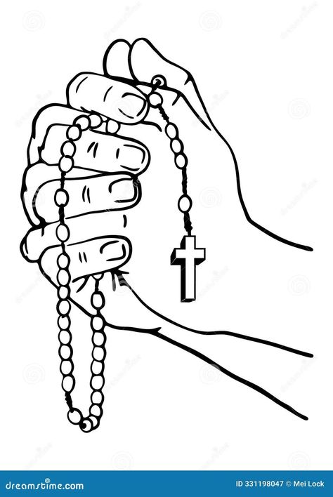 Praying Hands Clasping a Rosary with Cross Pendant White and Black Illustration Stock Illustration - Illustration of jesus, cross: 331198047 Rosary Sketch, Hand Holding Rosary Tattoo, Praying Hands With Rosary Drawing, Praying Hands With Rosary, Adjustable Black Cross Rosary, Praying Hands, Rosary Beads, Bead Stringing, Rosary