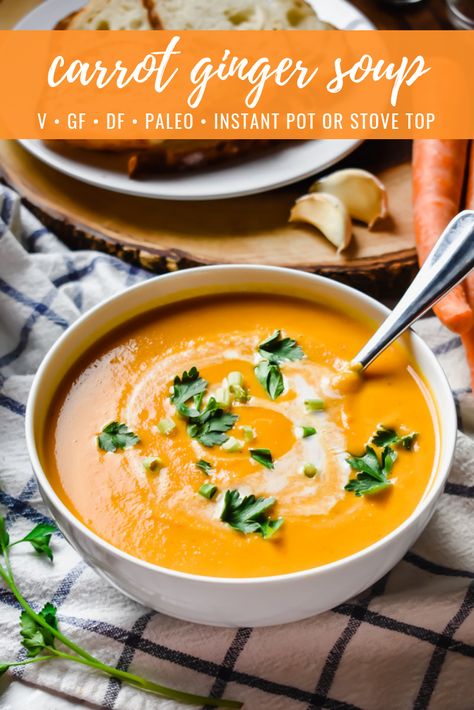 Carrot Puree Soup, Carrot And Ginger Soup Recipes, Carrot Ginger Turmeric Soup, Vegan Carrot Ginger Soup, Paleo Carrot Soup, Pureed Soup Recipes, Roasted Carrot Ginger Soup, Soup Ginger, Ginger Carrot Soup