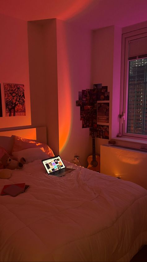 Ambient Lights Bedroom, Room Light Aesthetic, Mood Light Bedroom, College Dorm Room Ideas Led Lights, Sunset Light Room, Dimly Lit Bedroom, Good Lighting, Warm Lighting Bedroom Aesthetic, Ambient Lighting Aesthetic