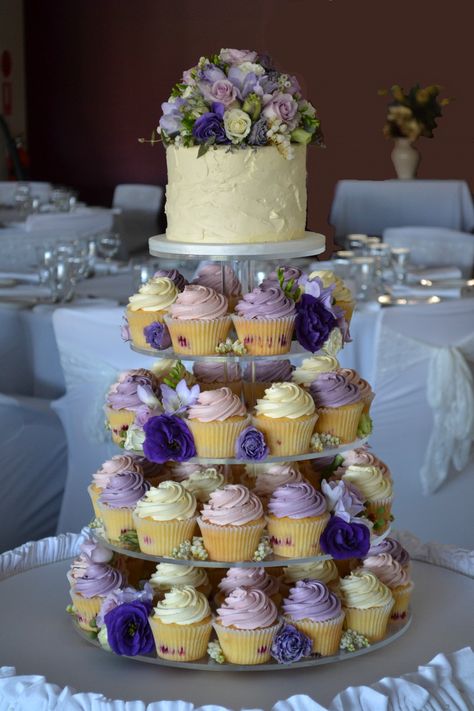 Cupcake Tower With Cake On Top, Cupcakes For 80th Birthday, Matching Cake And Cupcakes, 80th Birthday Cake For Grandma, Cupcake Tier Cake, Lilac Quince, Cupcake Wedding Cake, Wedding Cupcake Tower, Cupcake Tower Cake